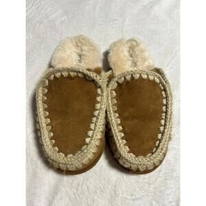 MOU London Eskimo Slippers Sheepskin Cognac Suede Moccasin Slides Womens Size 10